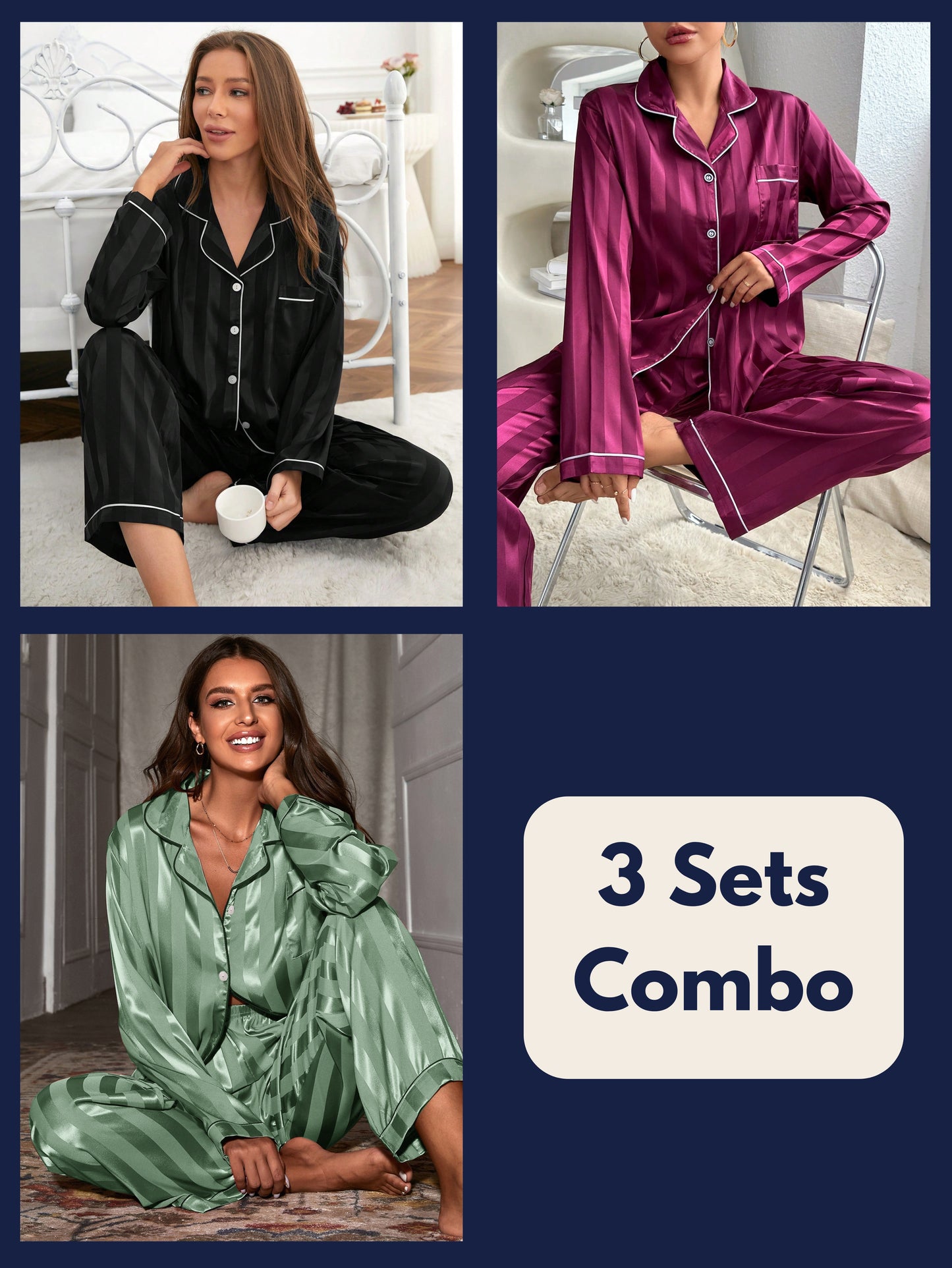 Luxe Satin Stripe Pajama Set Combo (Pack of 3)