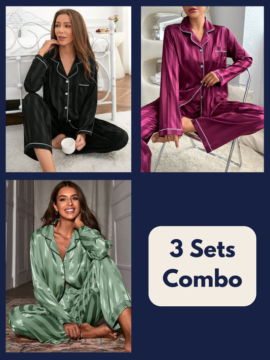Luxe Satin Stripe Pajama Set Combo (Pack of 3)