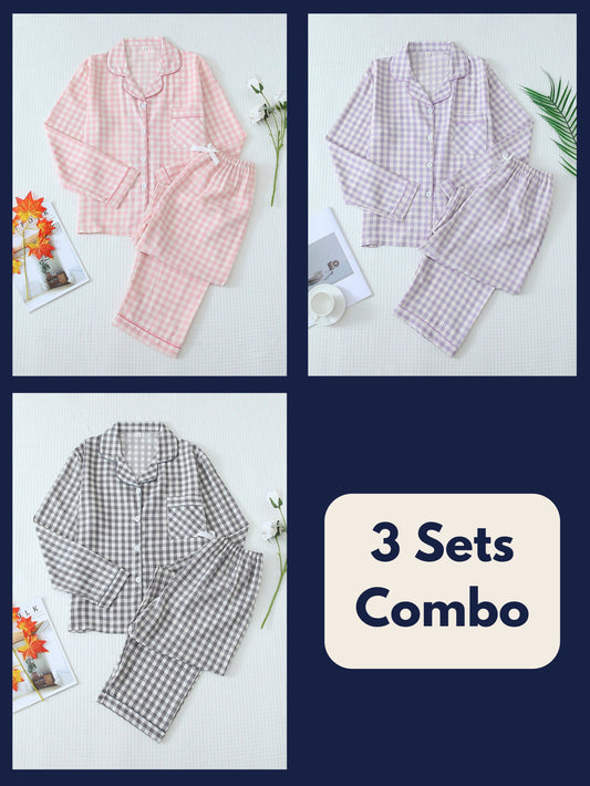 Luxe Satin Plaid Pajama Set Combo (Pack of 3)
