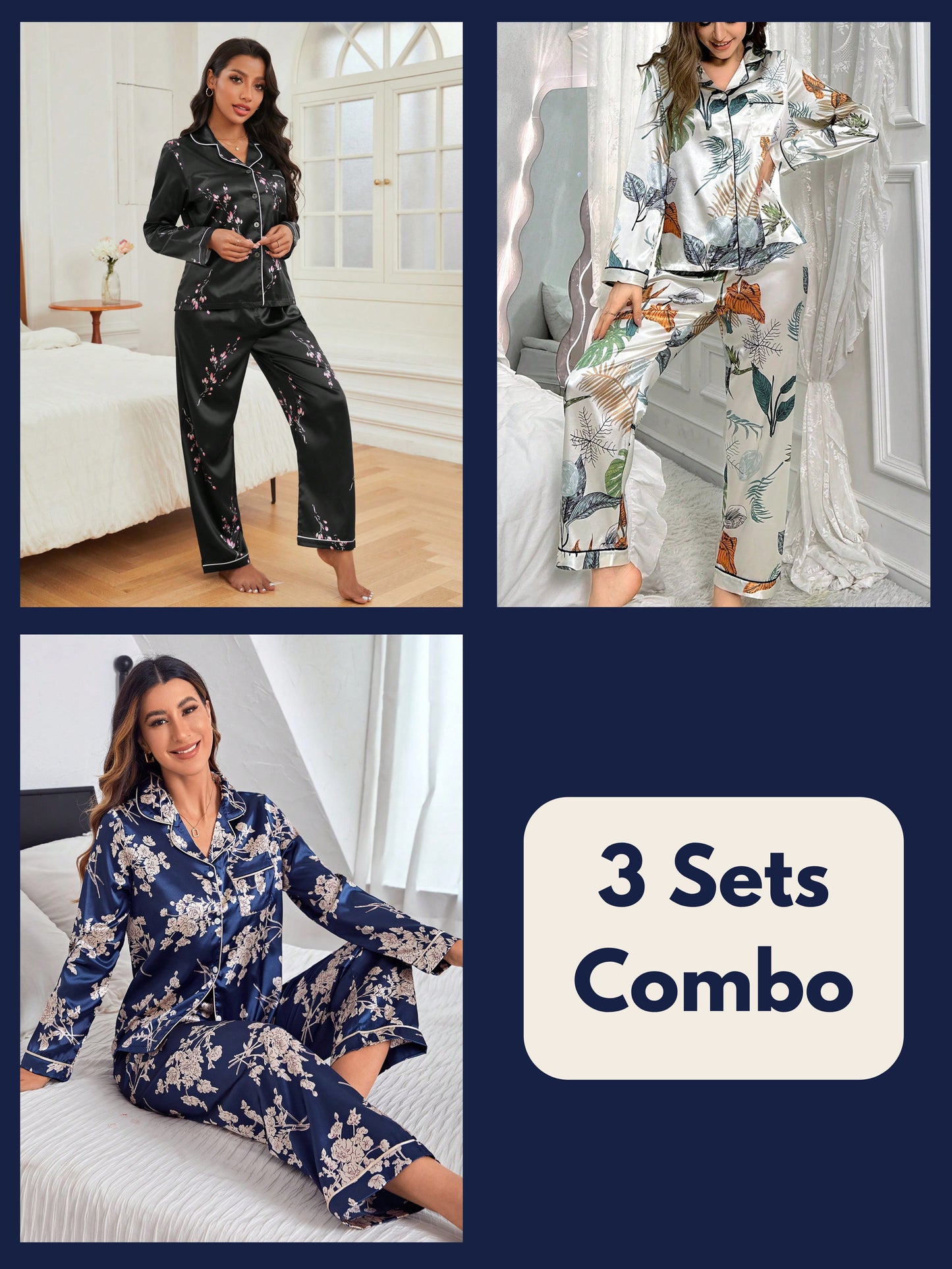 Luxe Satin Printed Pajama Set Combo (Pack of 3)