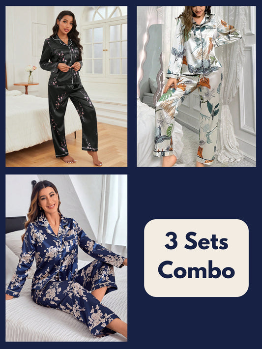 Luxe Satin Printed Pajama Set Combo (Pack of 3)