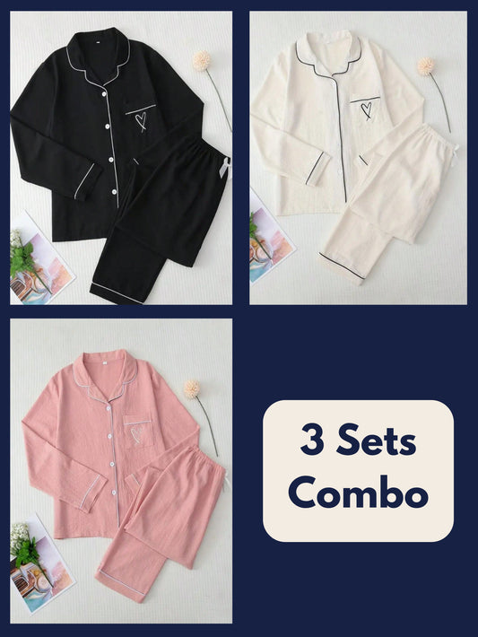 Luxe Satin Plain Pajama Set Combo (Pack of 3)