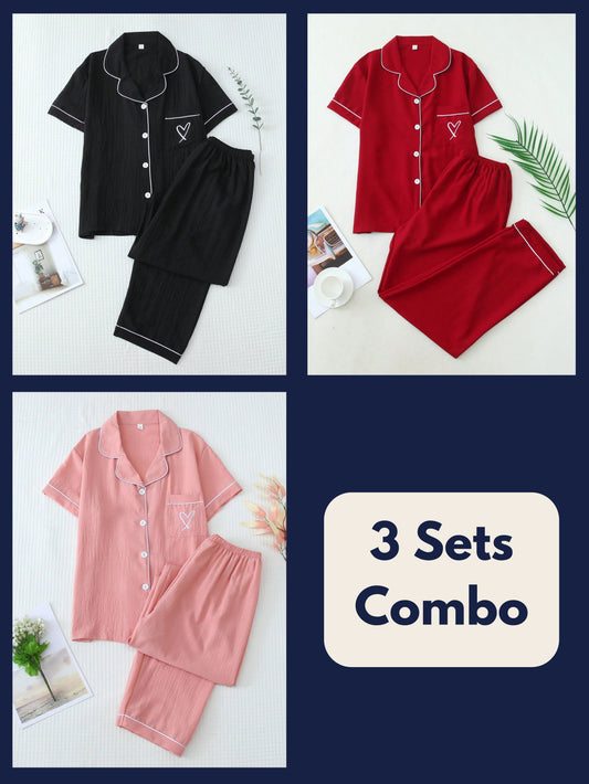 Luxe Satin Plain Pajama Set Combo (Pack of 3)