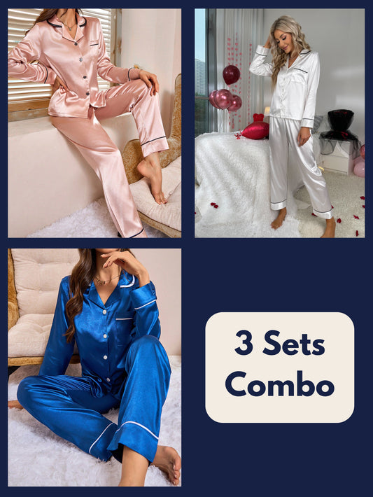 Luxe Satin Plain Pajama Set Combo (Pack of 3)
