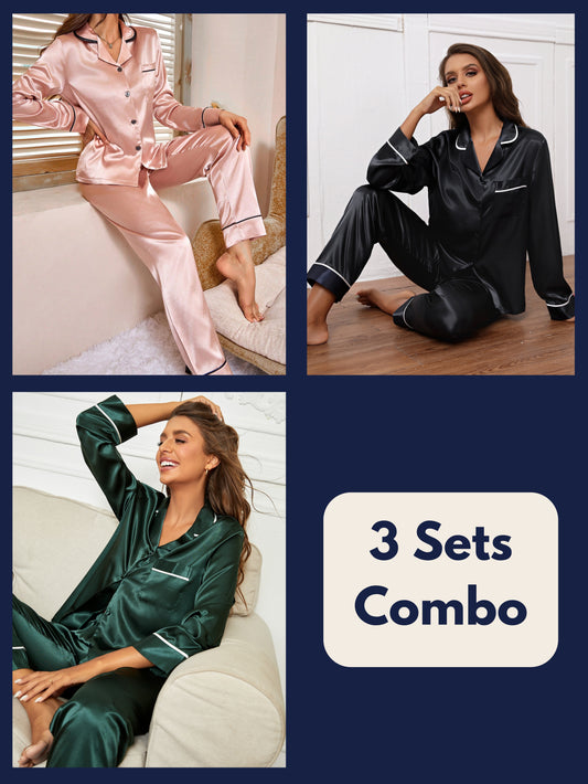 Luxe Satin Plain Pajama Set Combo (Pack of 3)