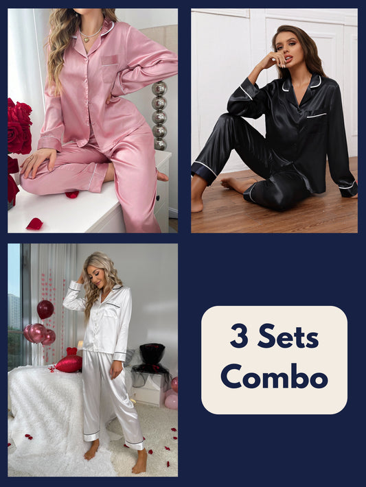 Luxe Satin Plain Pajama Set Combo (Pack of 3)