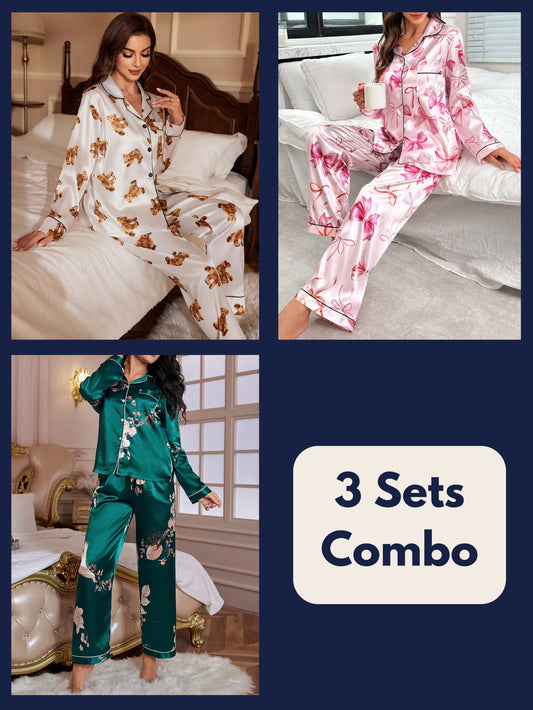 Luxe Satin Printed Pajama Set Combo (Pack of 3)