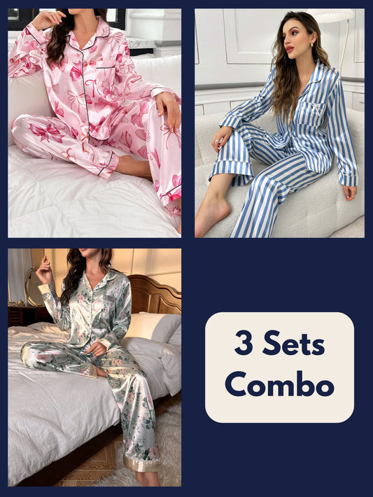Luxe Satin Printed Pajama Set Combo (Pack of 3)