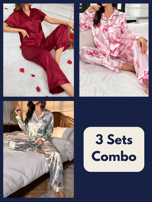 Luxe Satin Printed Pajama Set Combo (Pack of 3)