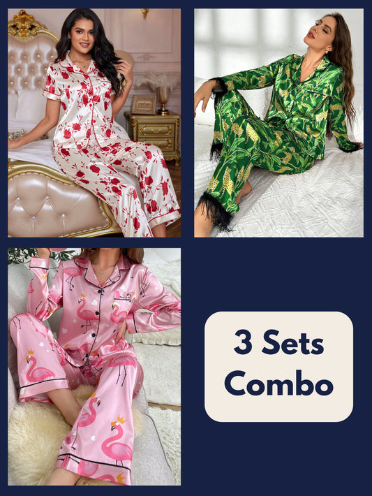Luxe Satin Printed Pajama Set Combo (Pack of 3)