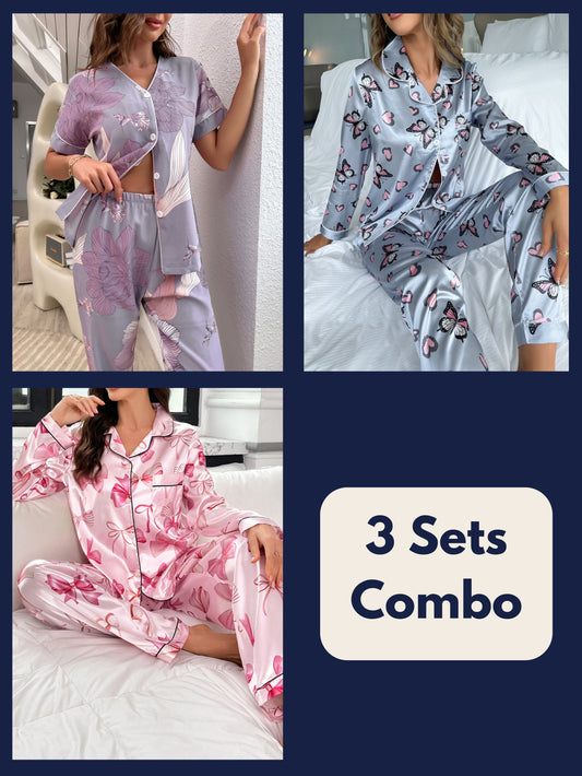 Luxe Satin Printed Pajama Set Combo (Pack of 3)