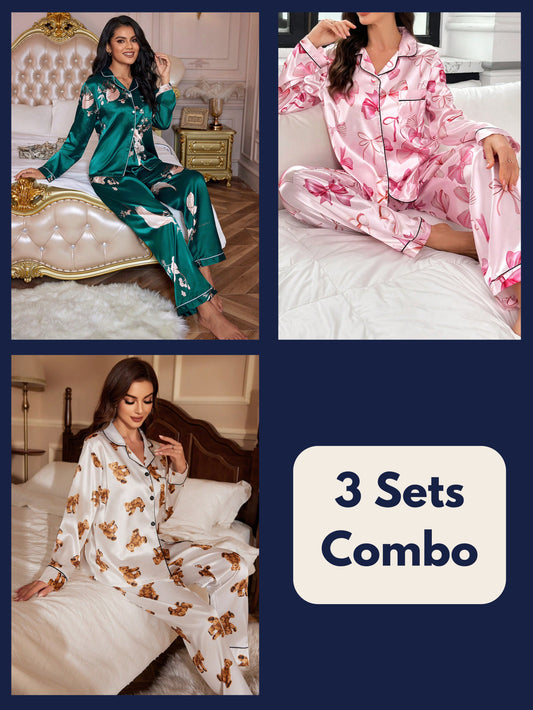 Luxe Satin Printed Pajama Set Combo (Pack of 3)