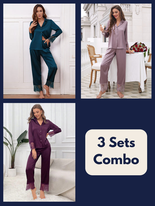 Luxe Satin Lace Pajama Set Combo (Pack of 3)