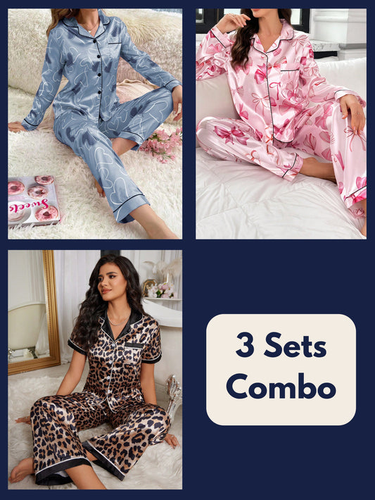 Luxe Satin Printed Pajama Set Combo (Pack of 3)