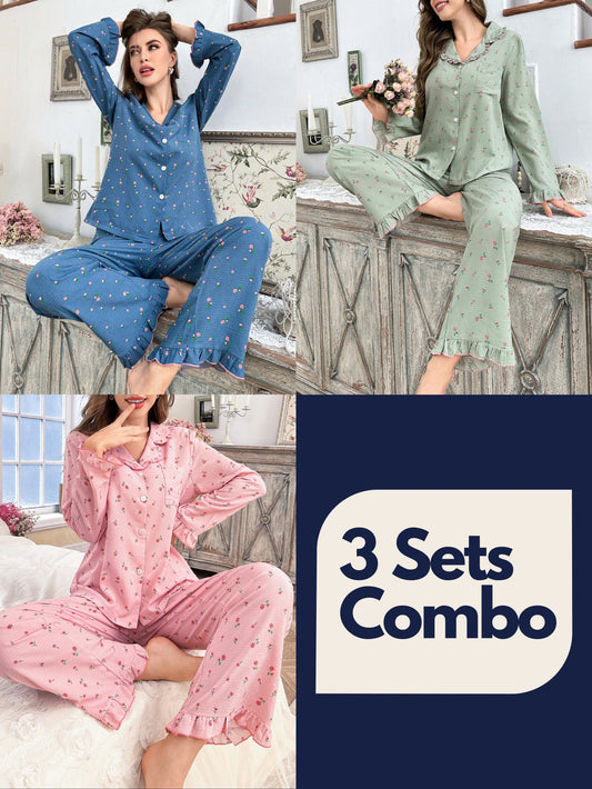 Ditsy Floral Print Ruffle Trim Open Front Pajama Set(Pack of 3 Sets)