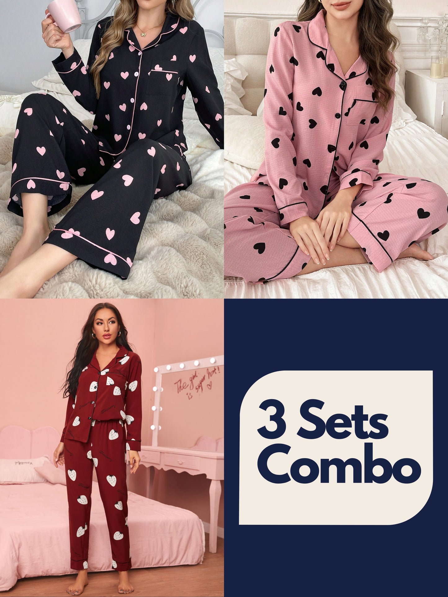 Heart Bubble Wrinkled Women Pajama Set (Pack of 3 Sets)