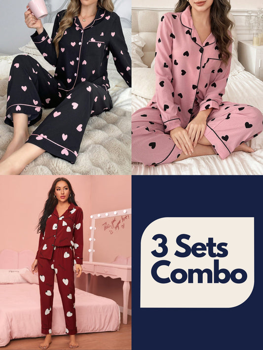 Heart Bubble Wrinkled Women Pajama Set (Pack of 3 Sets)