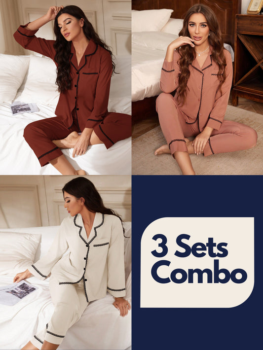 Lace Trim Pocket Front Pajama Set (Pack of 3 Sets)