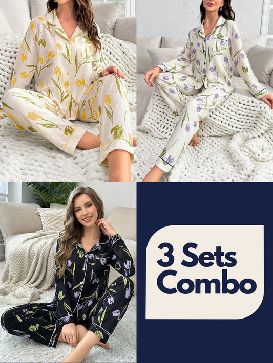 Flower Printed Long Sleeve Long Pants Pajama Set (Pack of 3 Sets)