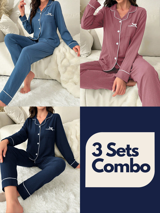 Rolled Edge & Bowknot Detail Pajamas Set (Pack of 3 Sets)