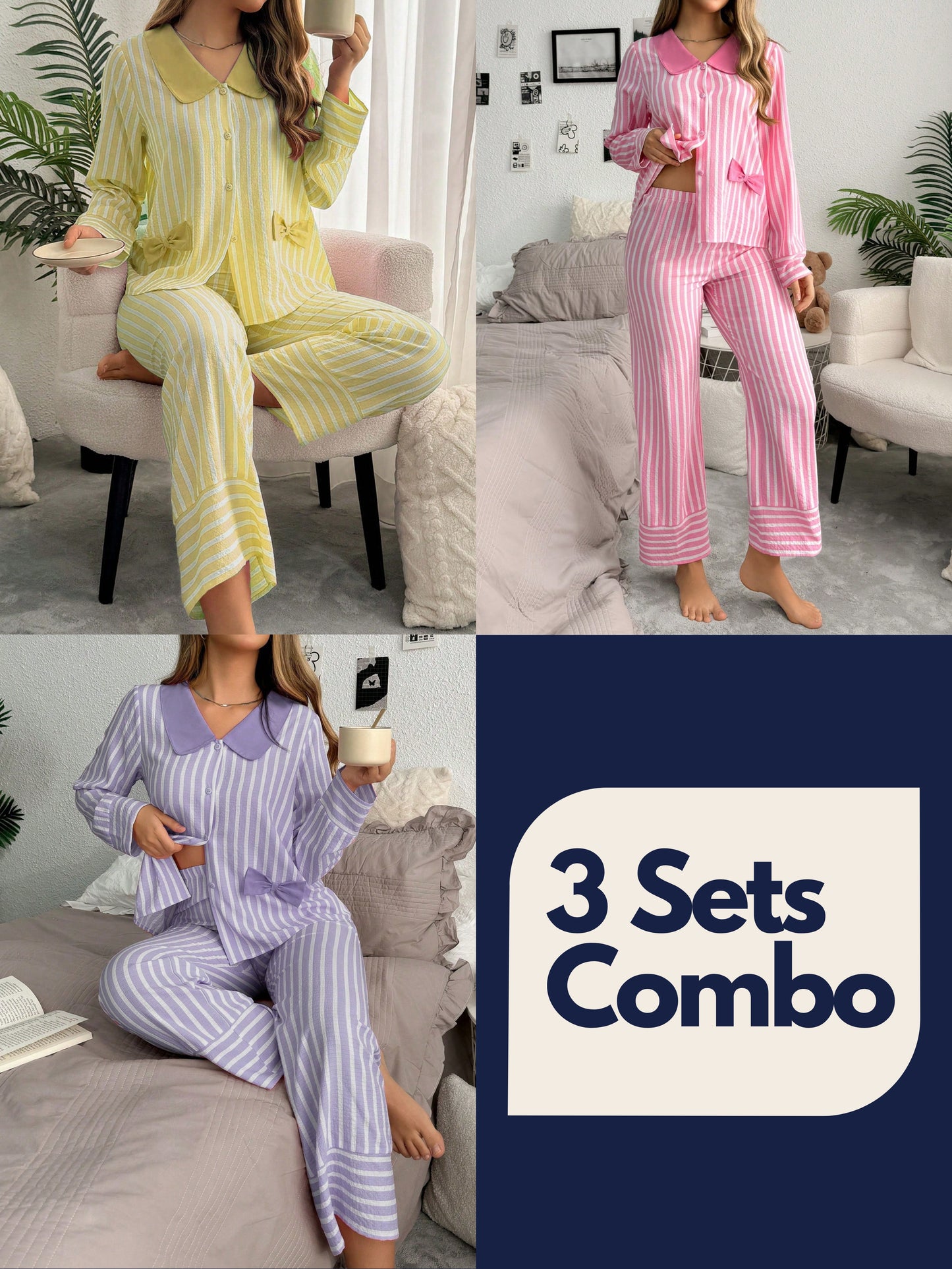 Contrast Color Stripe Cardigan Women Pajama Set (Pack of 3 Sets)
