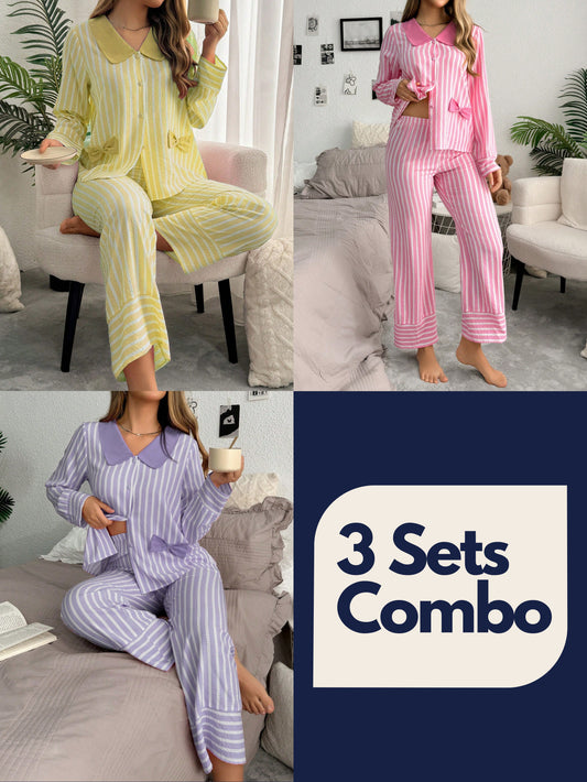 Contrast Color Stripe Cardigan Women Pajama Set (Pack of 3 Sets)
