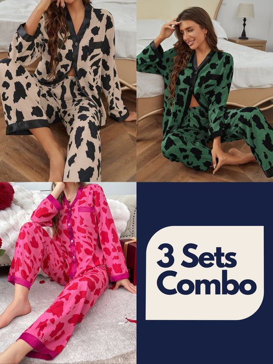 Allover Print Contrast Trim Pyjama Set (Pack of 3 Sets)