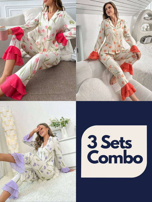Print Patchwork Ruffle Trim Decorated Pajama Set (Pack of 3 Sets)