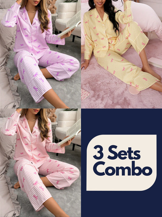 Bow Striped Women Pajama Set (Pack of 3 Sets)