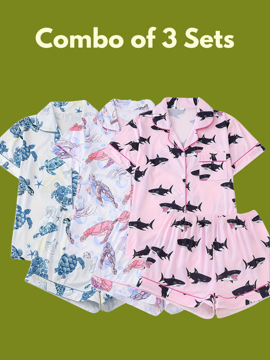 Ocean Dreams – Combo of 3 Printed Satin Nightwear Sets