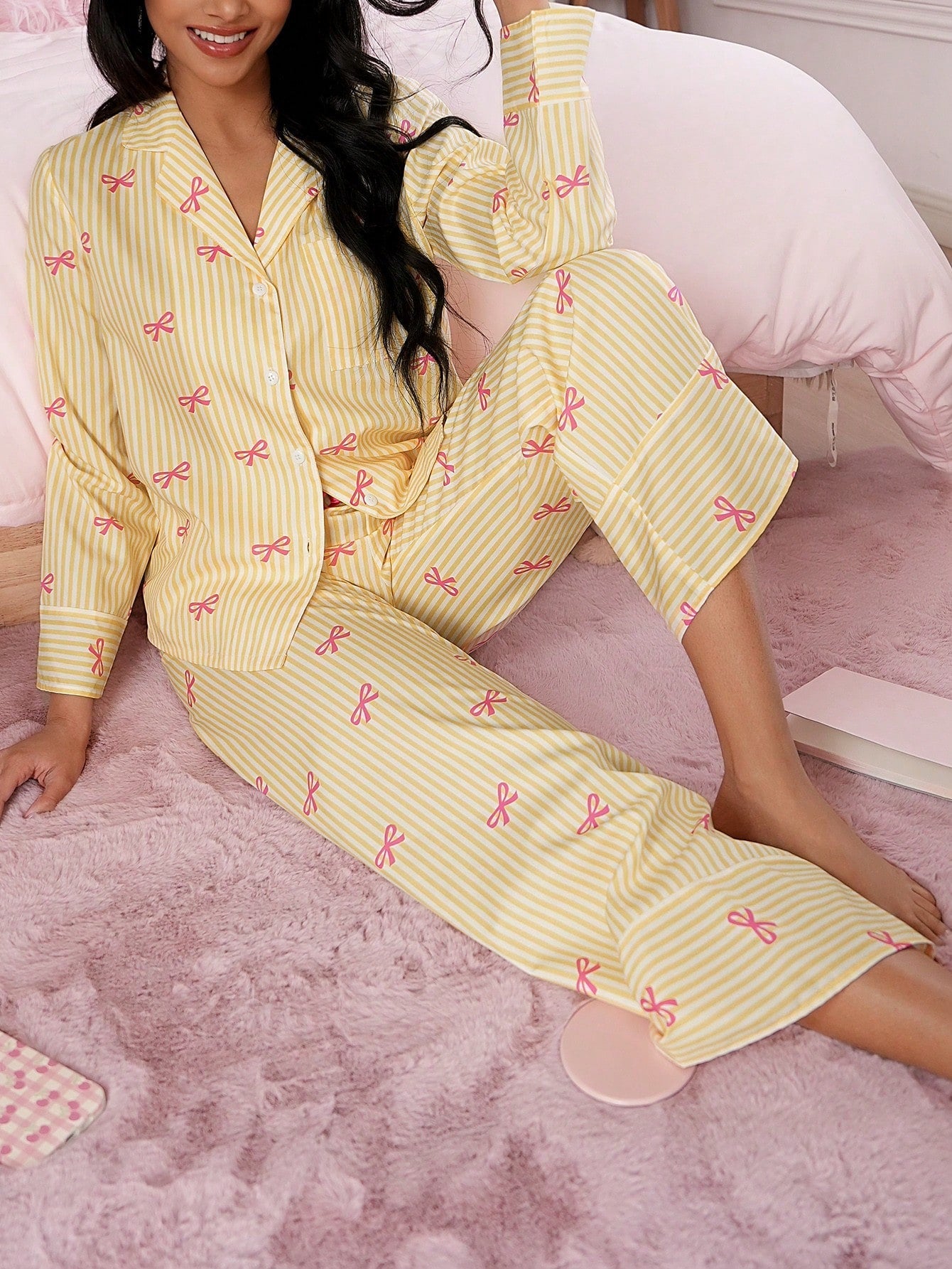 Bow Striped Women Pajama Set (Pack of 3 Sets)