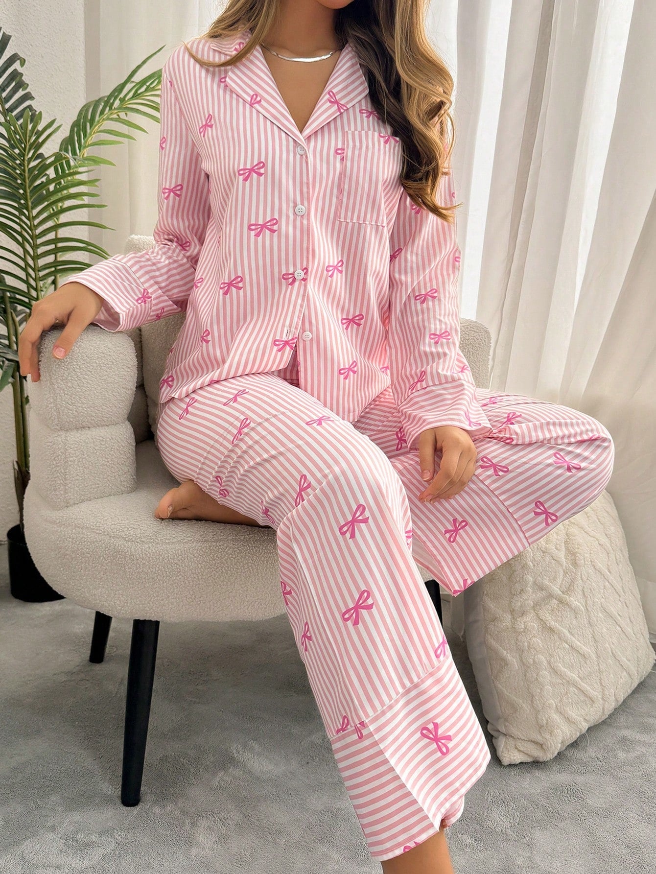 Bow Striped Women Pajama Set (Pack of 3 Sets)