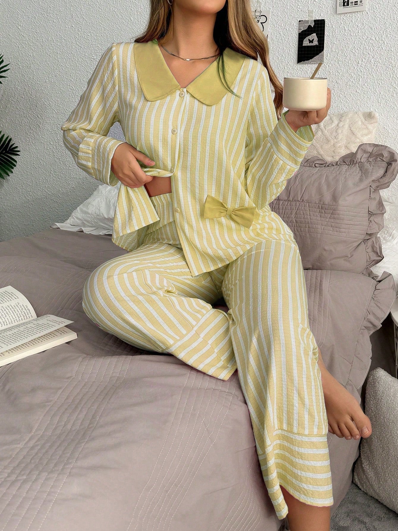 Contrast Color Stripe Cardigan Women Pajama Set (Pack of 3 Sets)