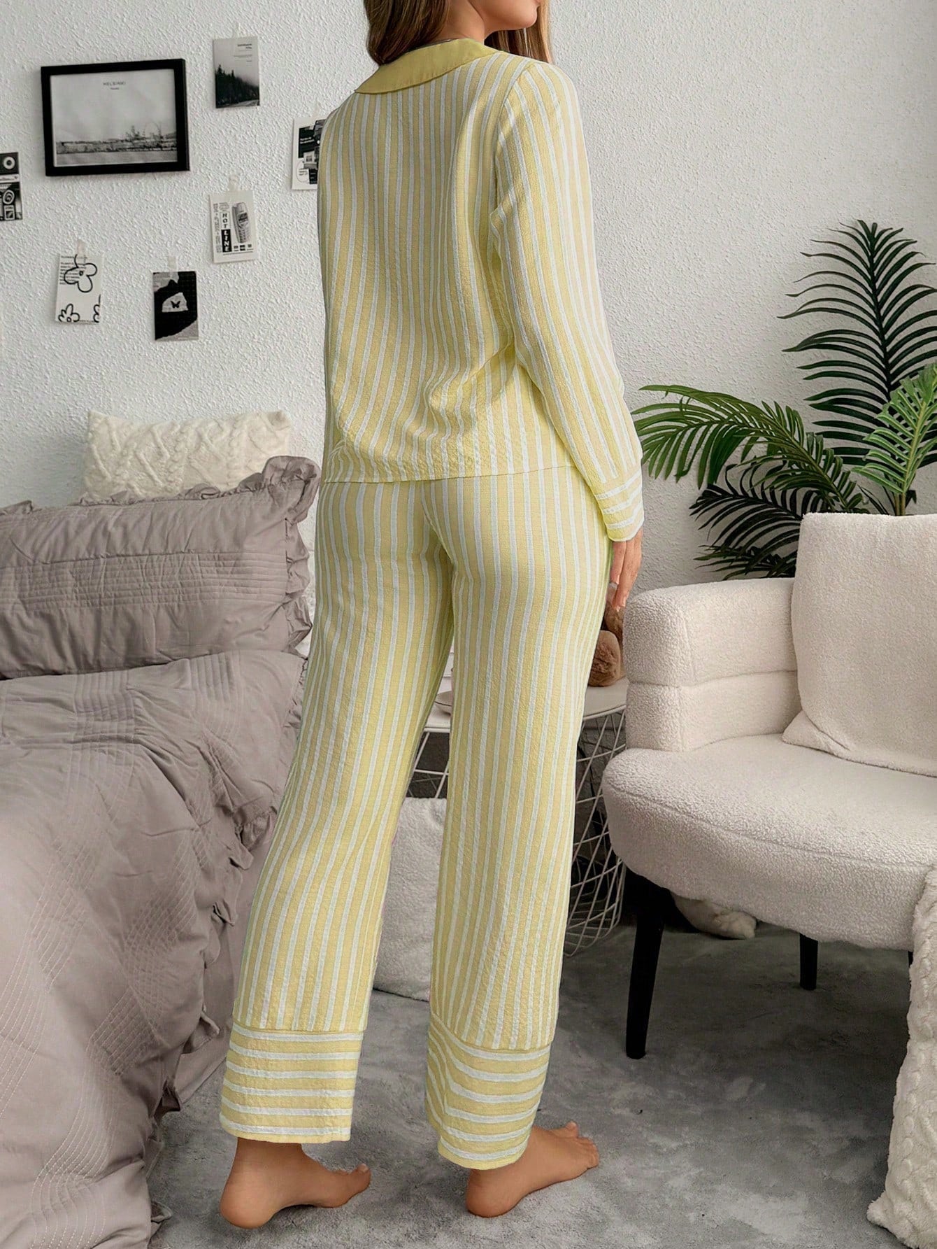 Contrast Color Stripe Cardigan Women Pajama Set (Pack of 3 Sets)