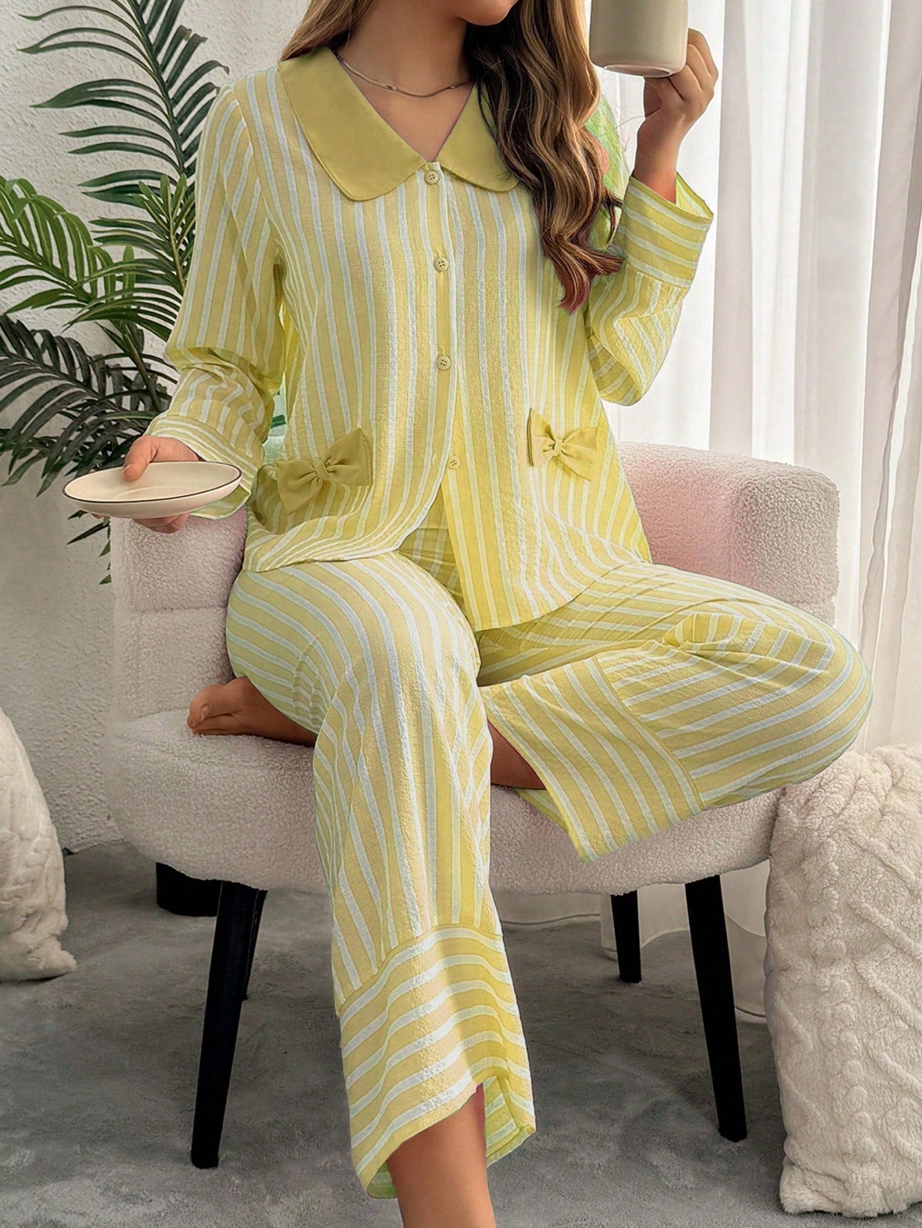 Contrast Color Stripe Cardigan Women Pajama Set (Pack of 3 Sets)