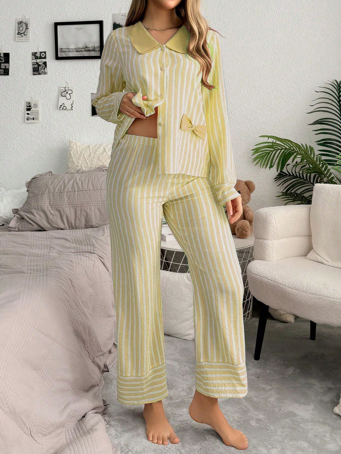 Contrast Color Stripe Cardigan Women Pajama Set (Pack of 3 Sets)