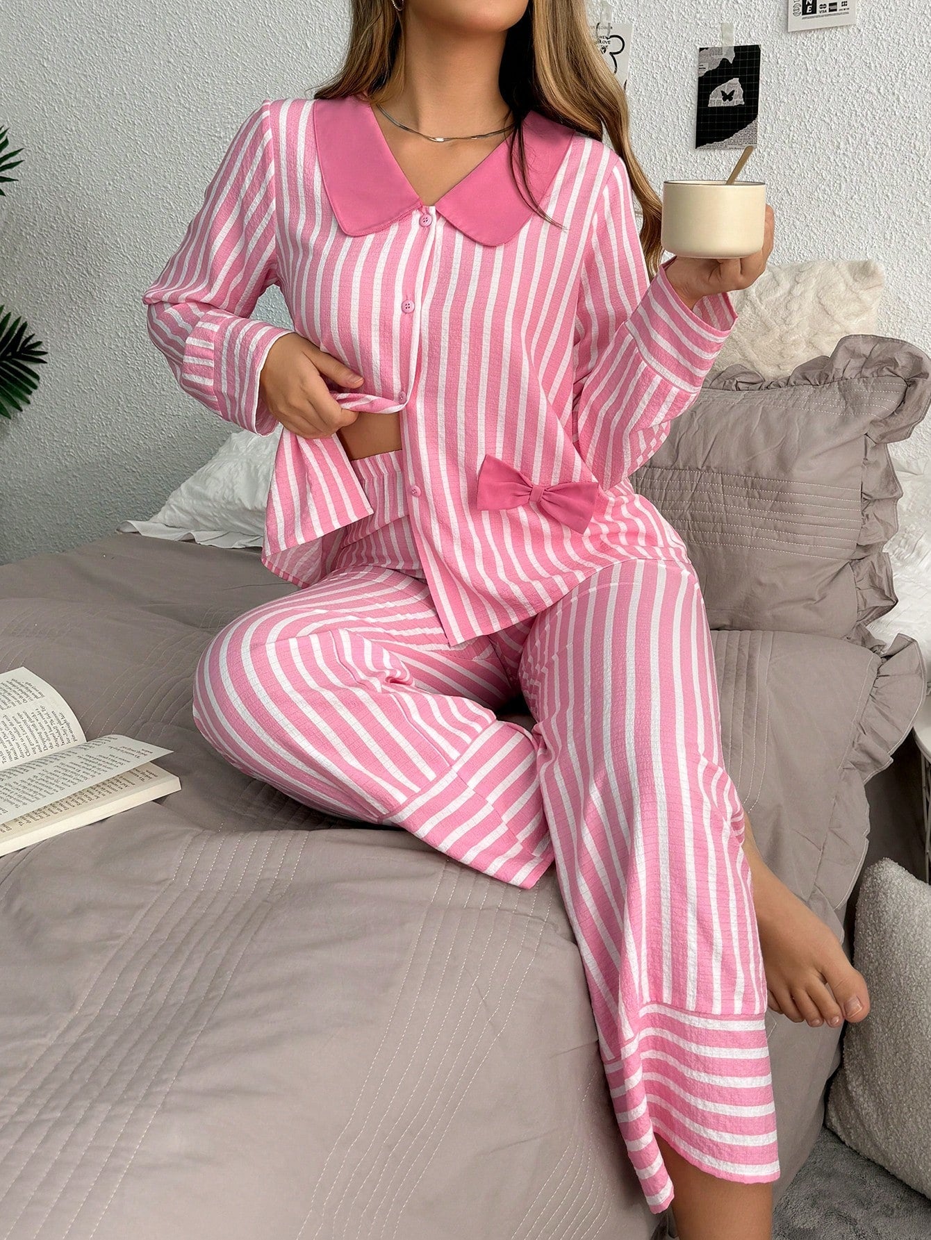 Contrast Color Stripe Cardigan Women Pajama Set (Pack of 3 Sets)