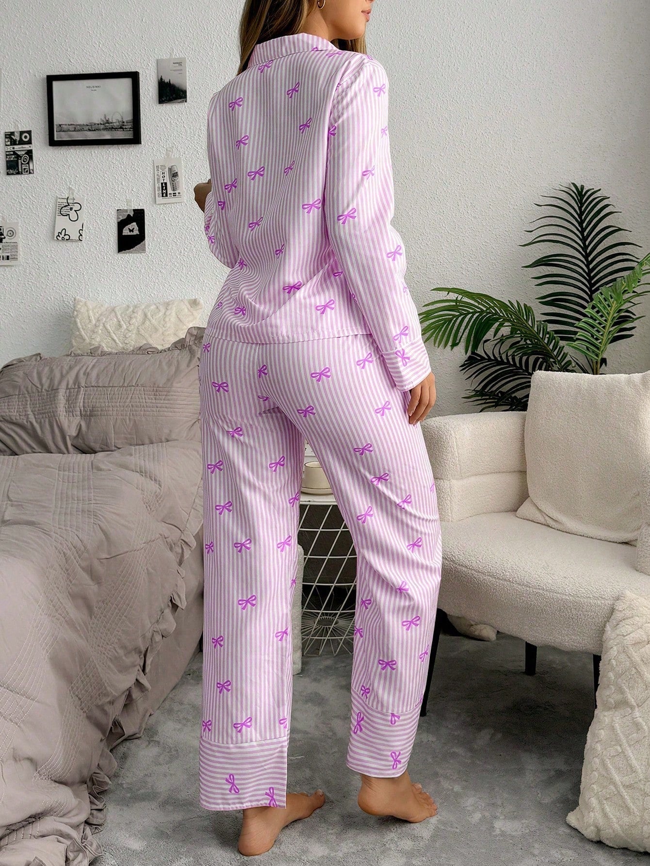 Bow Striped Women Pajama Set (Pack of 3 Sets)