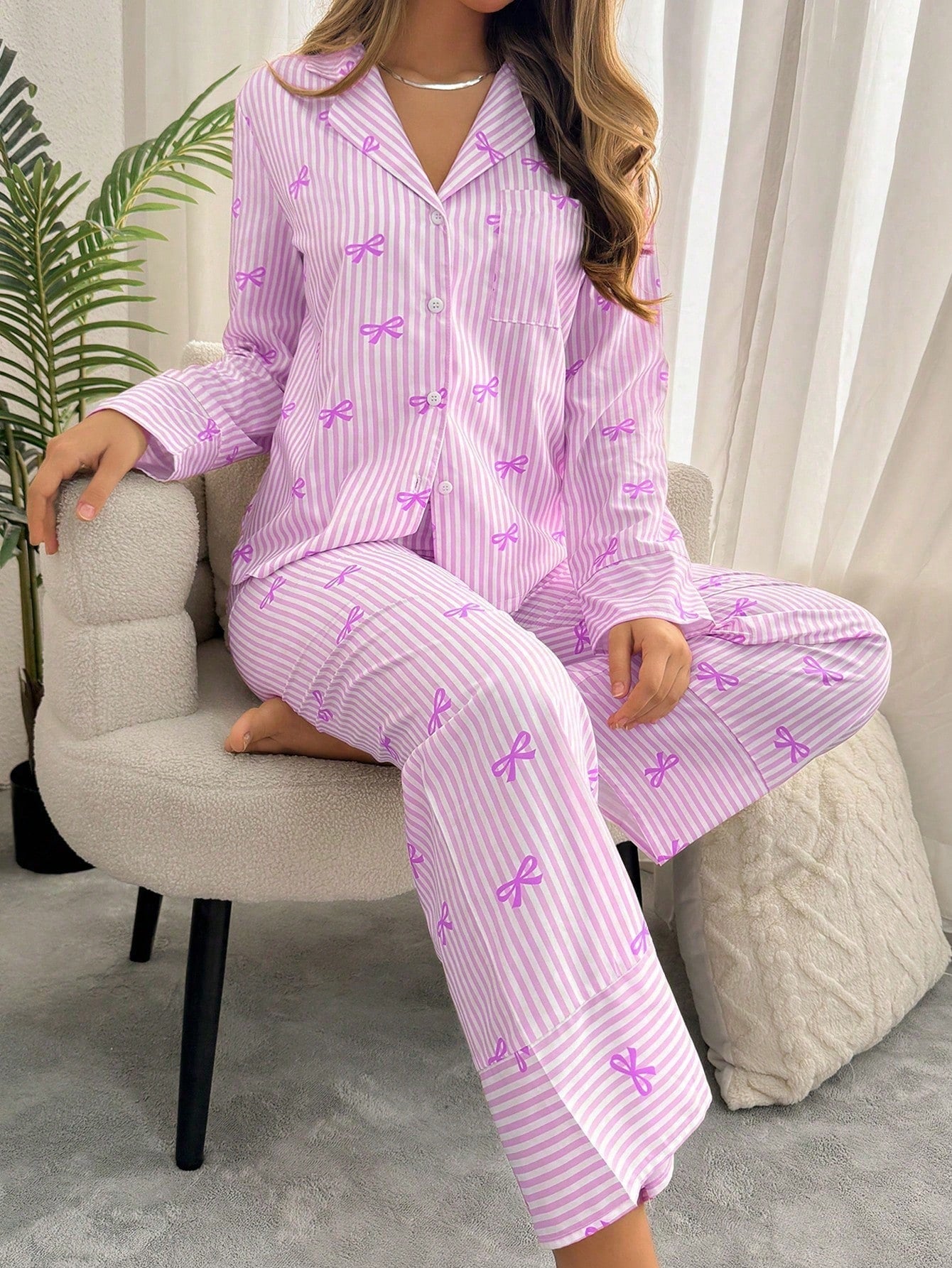 Bow Striped Women Pajama Set (Pack of 3 Sets)
