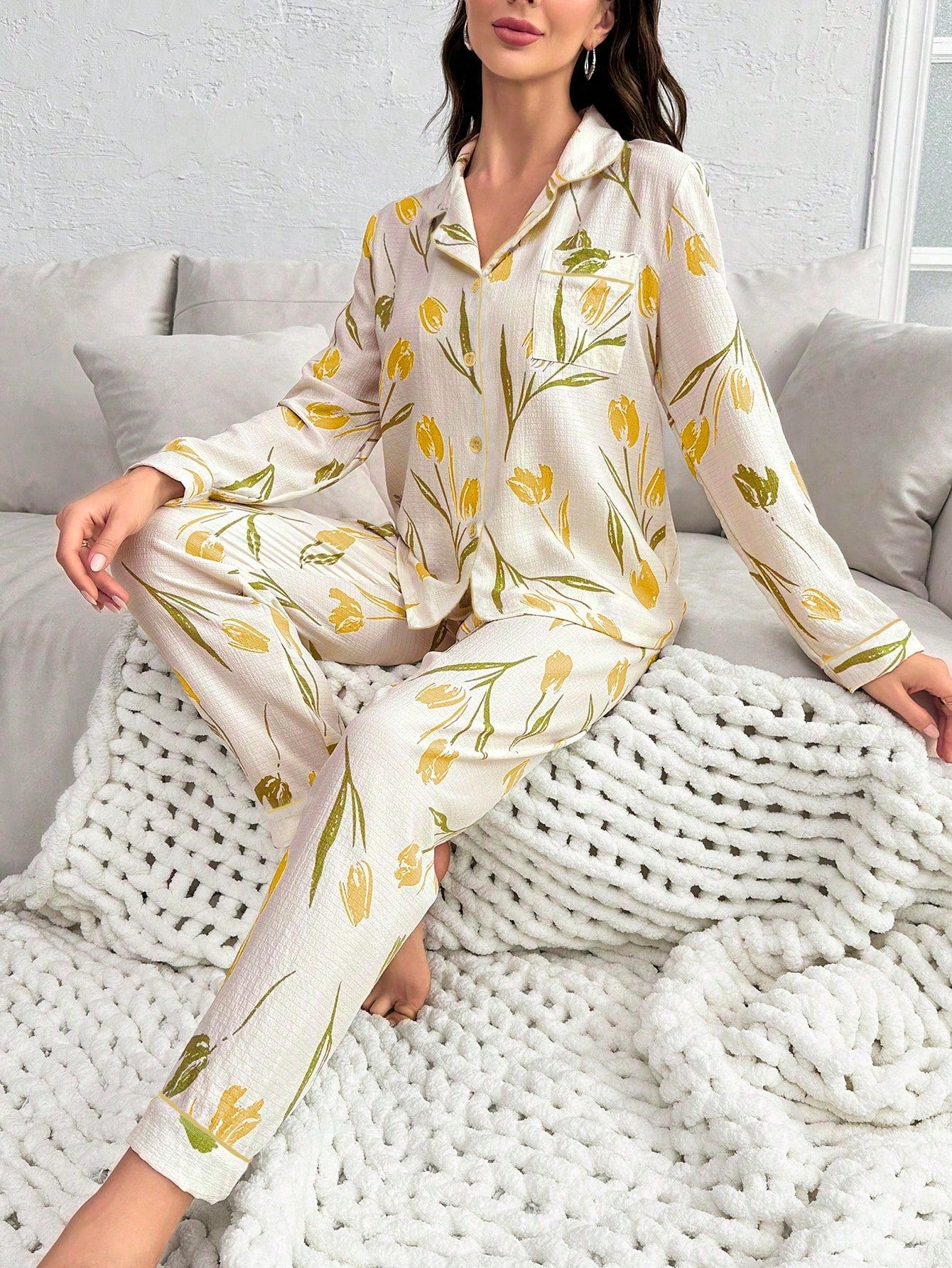 Flower Printed Long Sleeve Long Pants Pajama Set (Pack of 3 Sets)