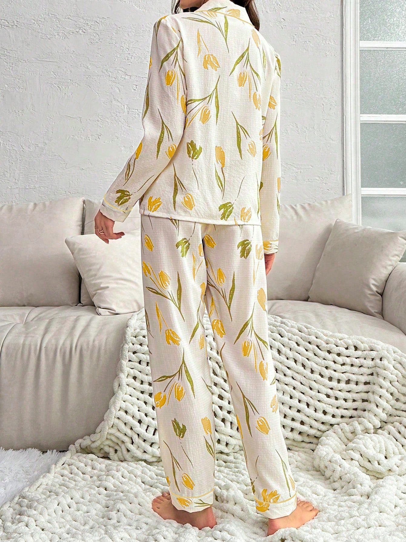 Flower Printed Long Sleeve Long Pants Pajama Set (Pack of 3 Sets)