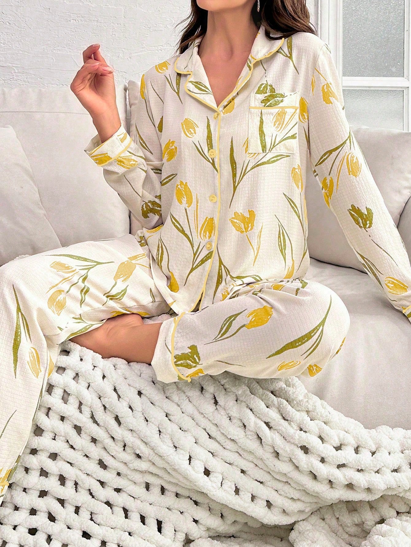 Flower Printed Long Sleeve Long Pants Pajama Set (Pack of 3 Sets)