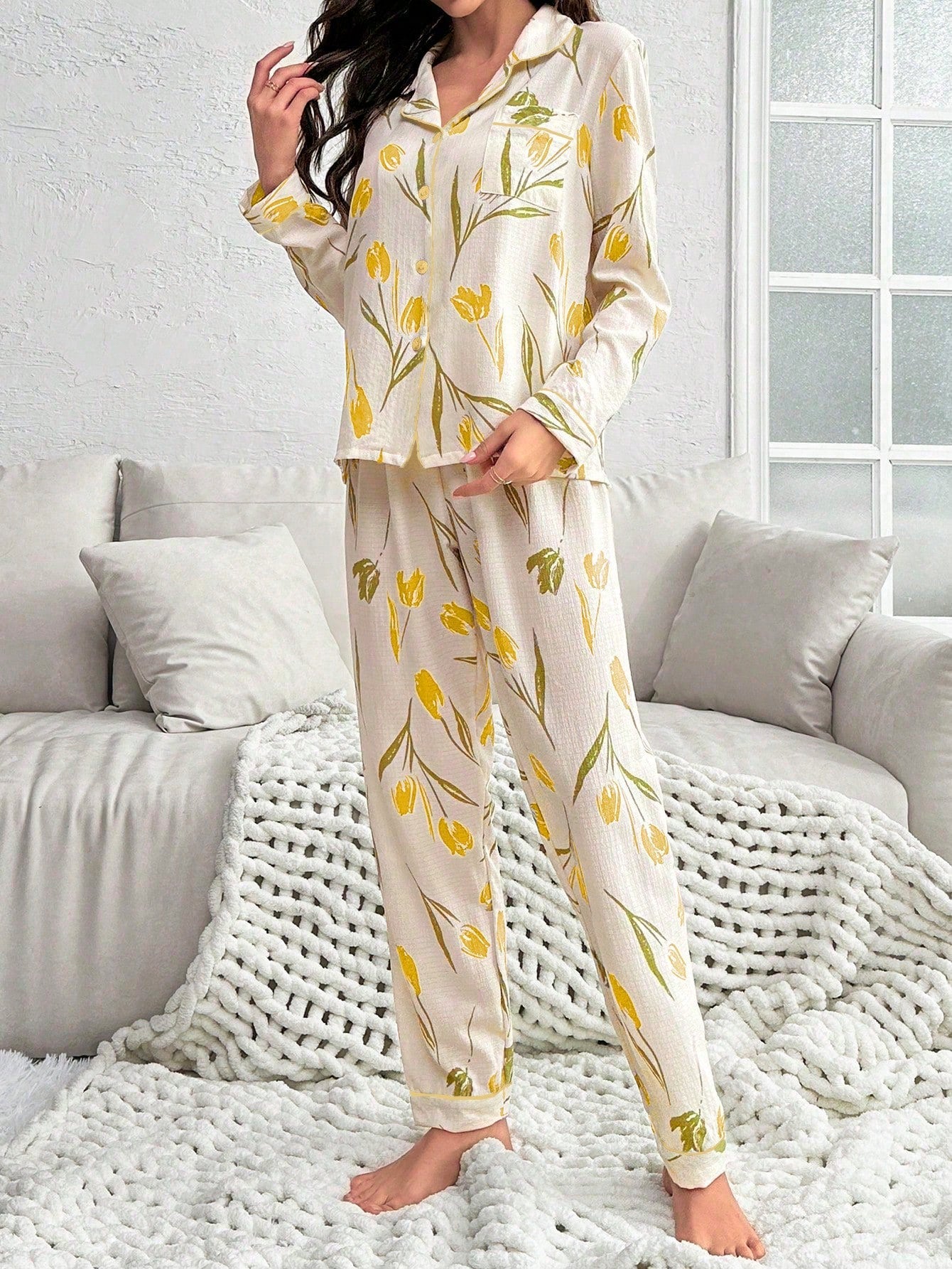 Flower Printed Long Sleeve Long Pants Pajama Set (Pack of 3 Sets)