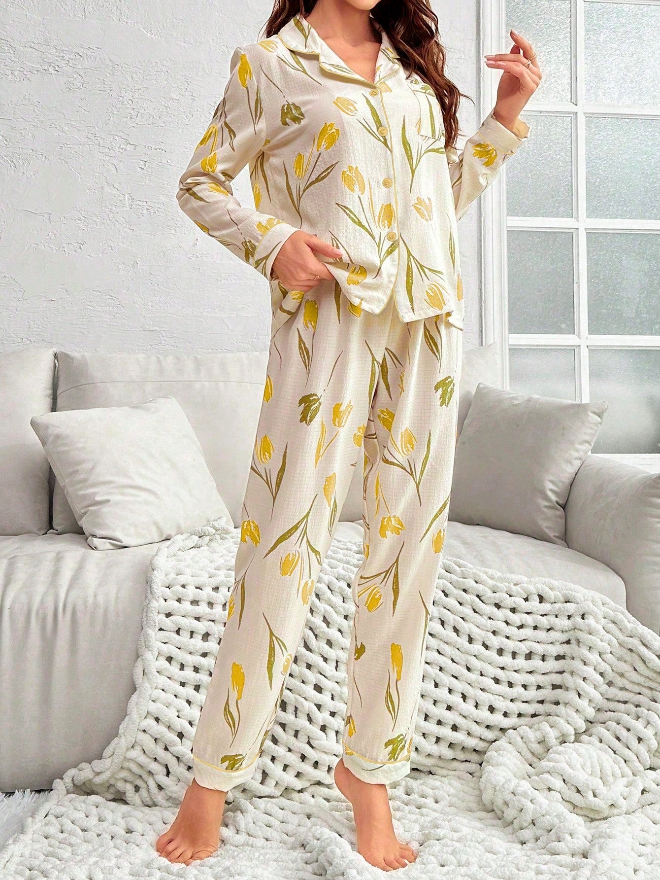 Flower Printed Long Sleeve Long Pants Pajama Set (Pack of 3 Sets)