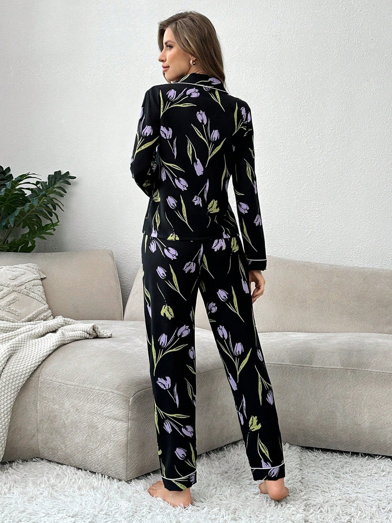 Flower Printed Long Sleeve Long Pants Pajama Set (Pack of 3 Sets)