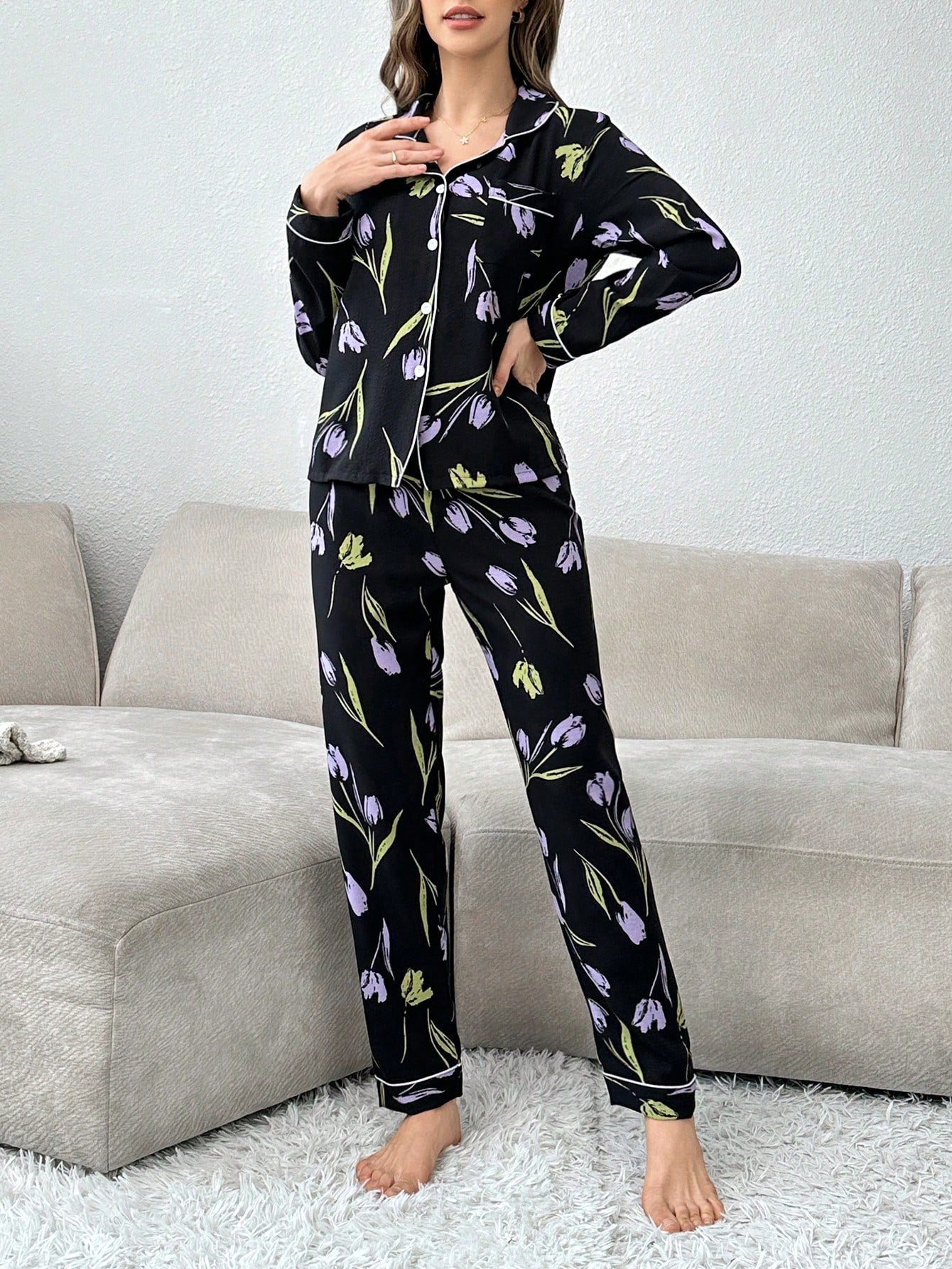 Flower Printed Long Sleeve Long Pants Pajama Set (Pack of 3 Sets)