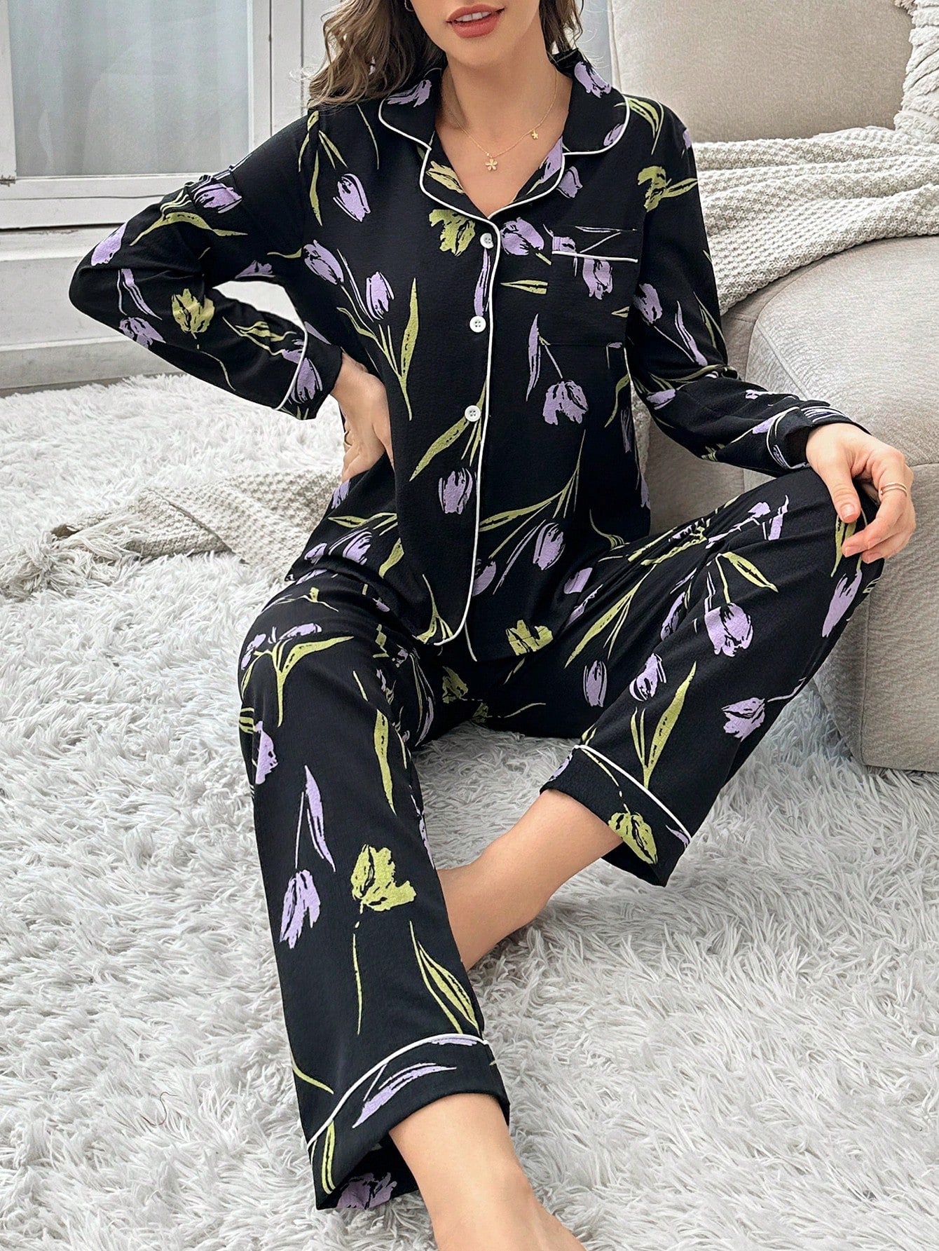 Flower Printed Long Sleeve Long Pants Pajama Set (Pack of 3 Sets)