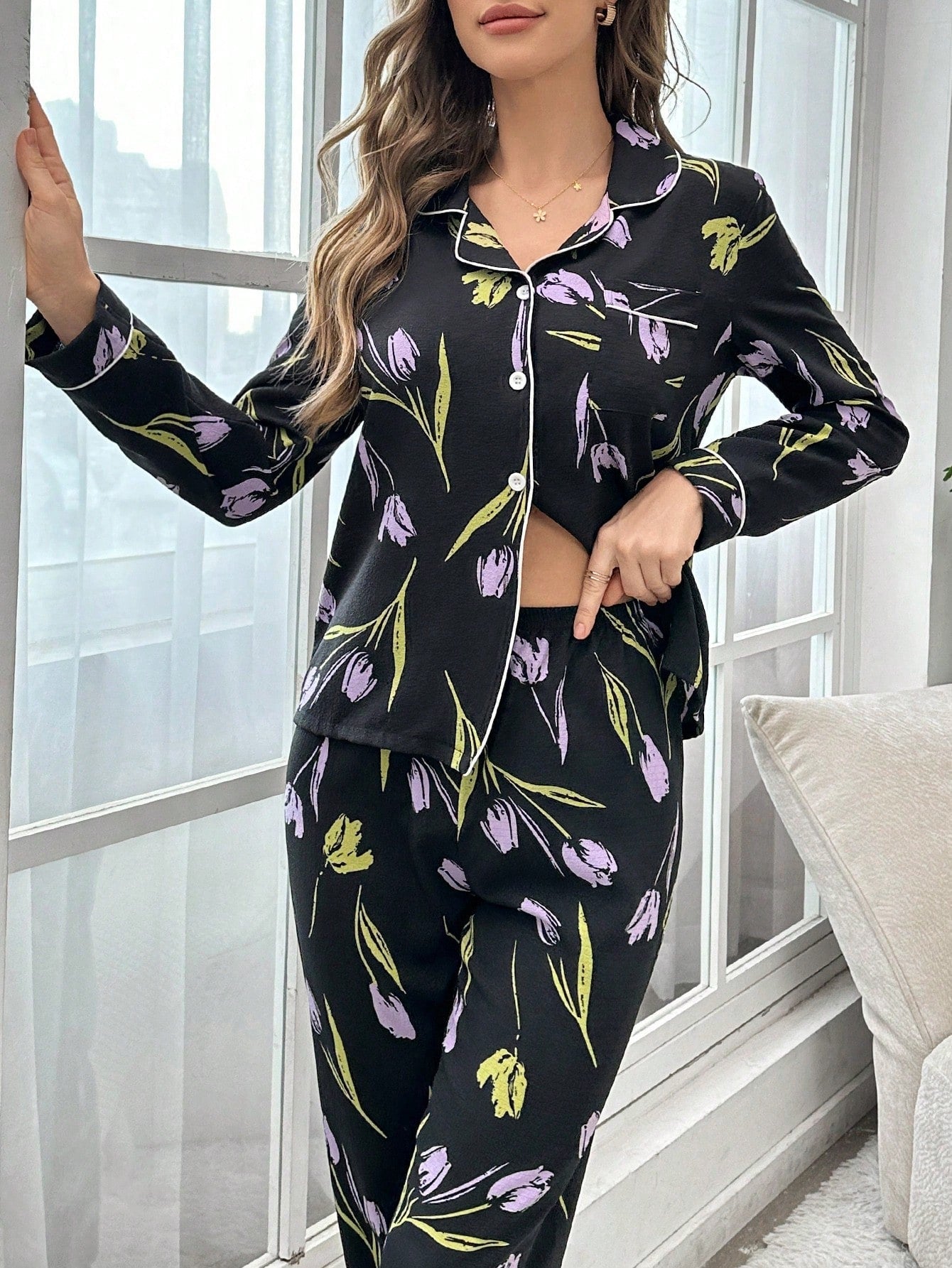 Flower Printed Long Sleeve Long Pants Pajama Set (Pack of 3 Sets)