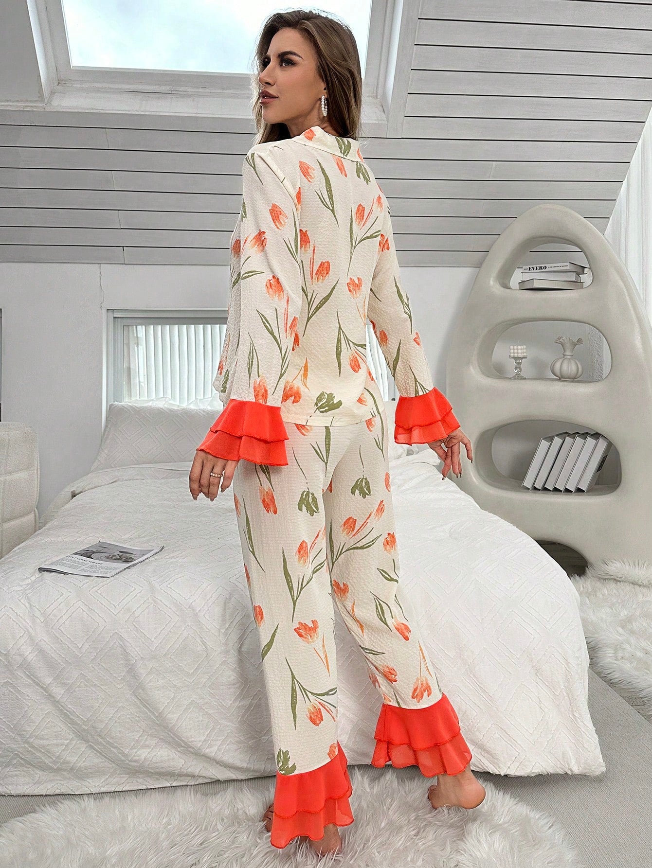 Print Patchwork Ruffle Trim Decorated Pajama Set (Pack of 3 Sets)