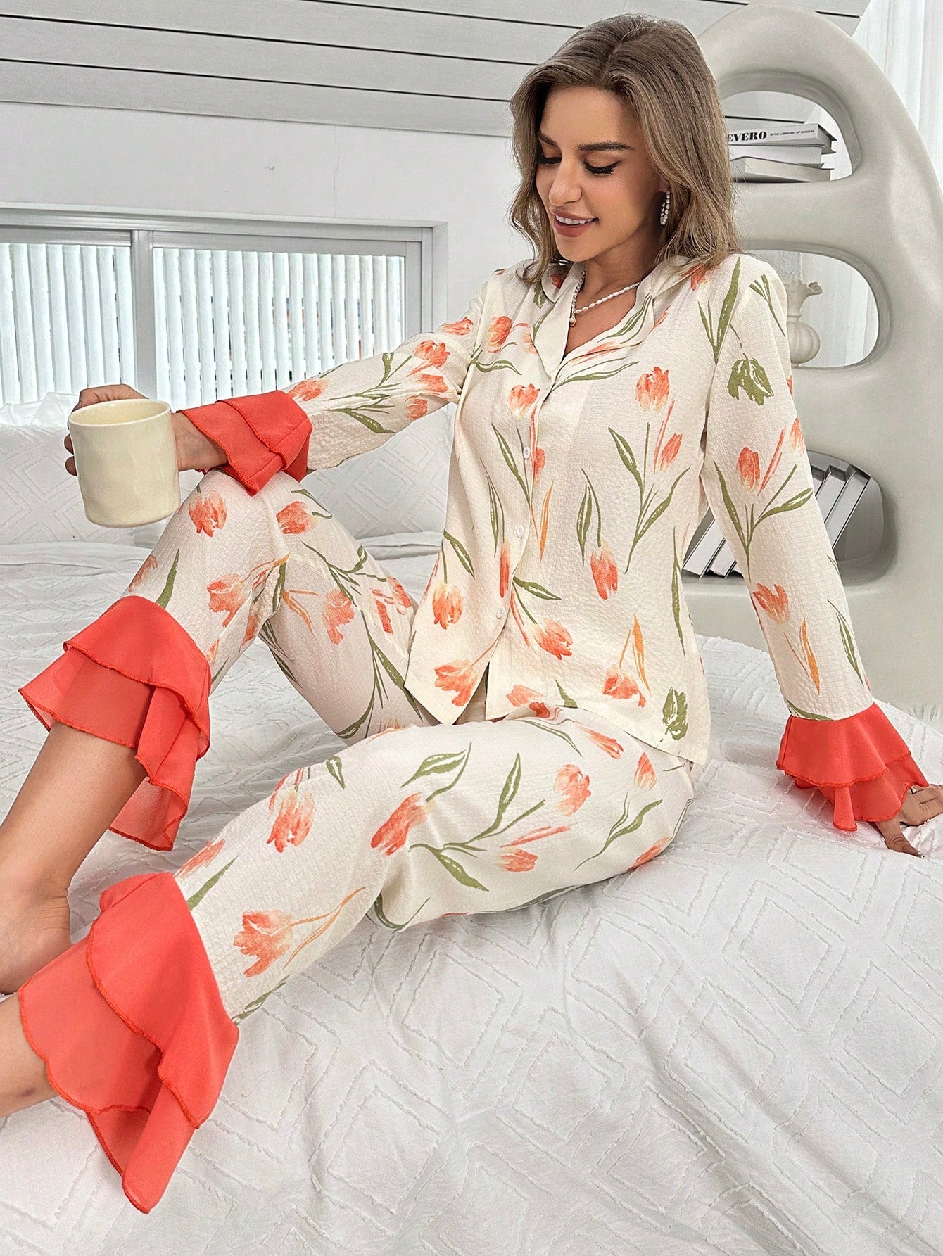 Print Patchwork Ruffle Trim Decorated Pajama Set (Pack of 3 Sets)